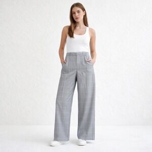 Bailey 44 -1179‎ Grey Windowpane Plaid Wide Leg Trousers High Rise Pants Small
